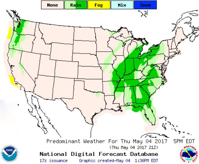 US-Weather-Map showing massive rain storms covering entire east coast west of the Appalachian Mountains