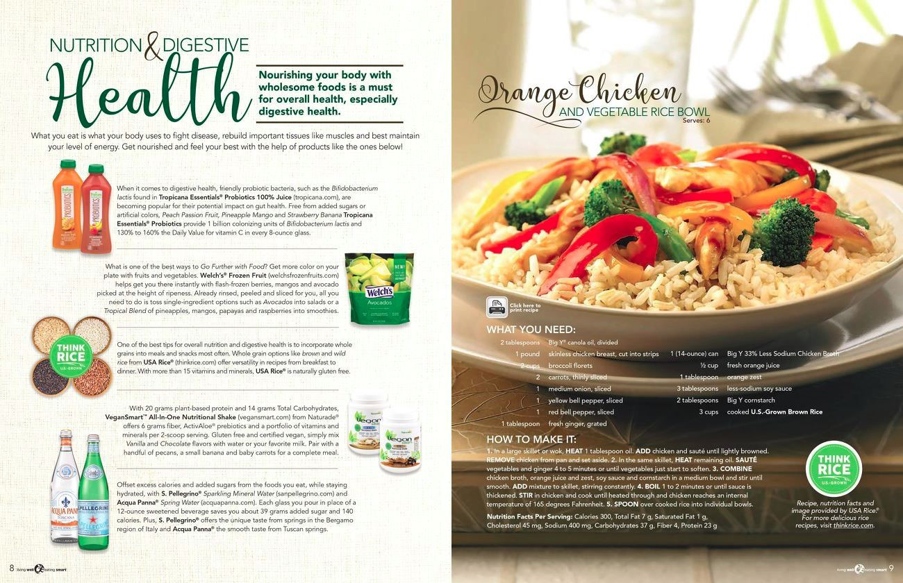 Big Y Newsletter post March 2018, left side mostly text, right side photo of chicken, veggies & rice dish