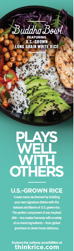 Magazine ad with colorful rice bowl & the message "Plays Well With Others"