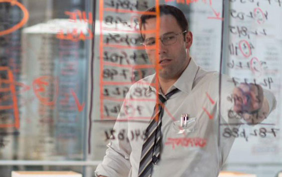 Ben-Affleck as the-Accountant, writing numbers on a glass window