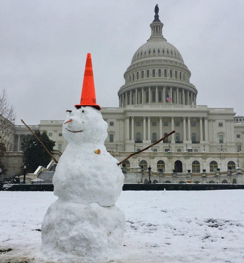 Snow man with an orange conehead & stick arms in front of the US Capitol