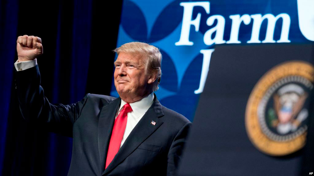 President Trump-on stage after speech at AFBA-Nashville-2018 with raised fist