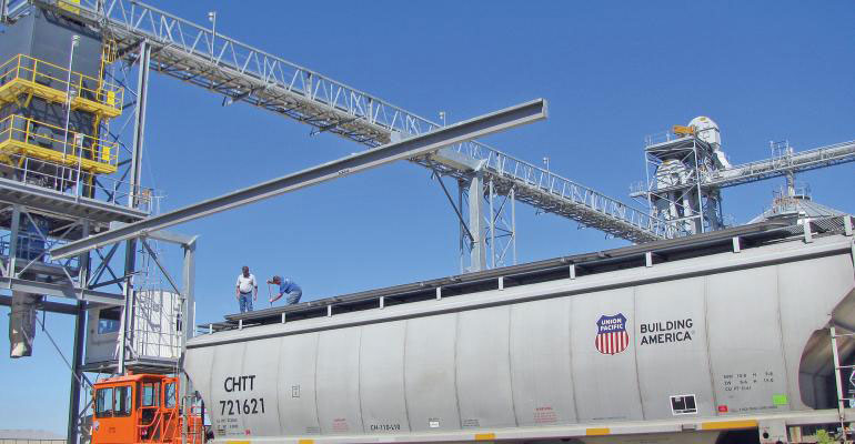Rice being loaded onto a rail car at Southern Louisiana Rail Facility