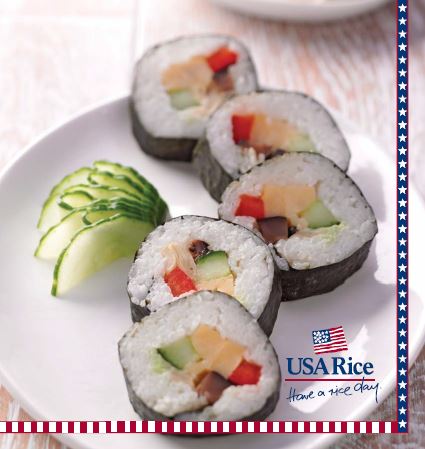 Sushi on white plate with USA Rice logo "Have a Rice Day!"