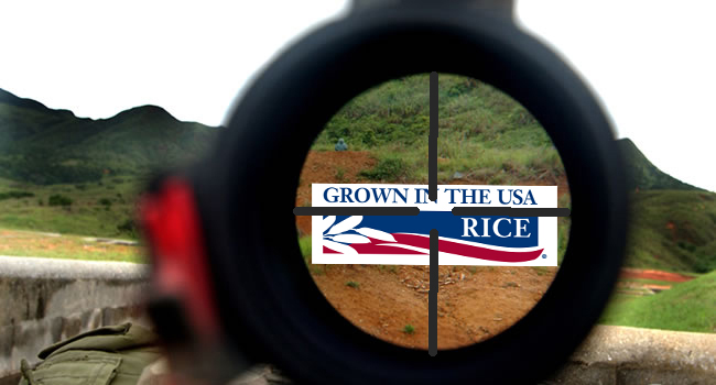 US Rice logo in a gunsight with mountains in the background