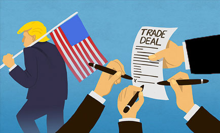 Cartoon image of Trump carrying US flag while other hands sign a trade deal