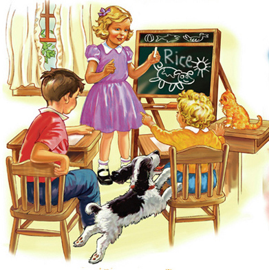 Dick & Jane play school illustration, girl at chalk board, two boys seated at school desks, dog and cat running around the room
