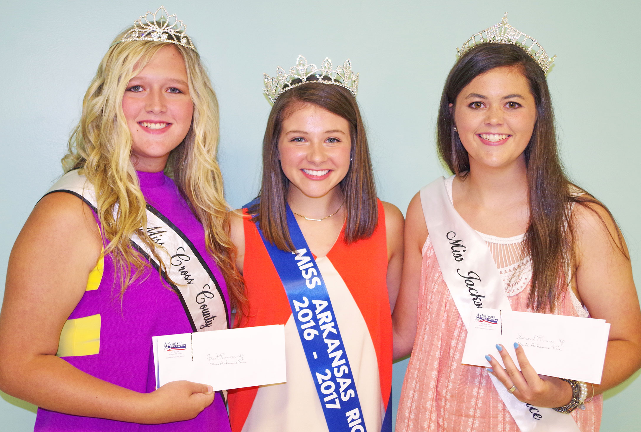 2016-17-Miss-AR-Rice-Top-3-Winners, 3 young ladies wearing sashes & tiaras